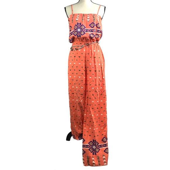 Stylebook Pants - Stylebook Tribal Print Orange Jumpsuit